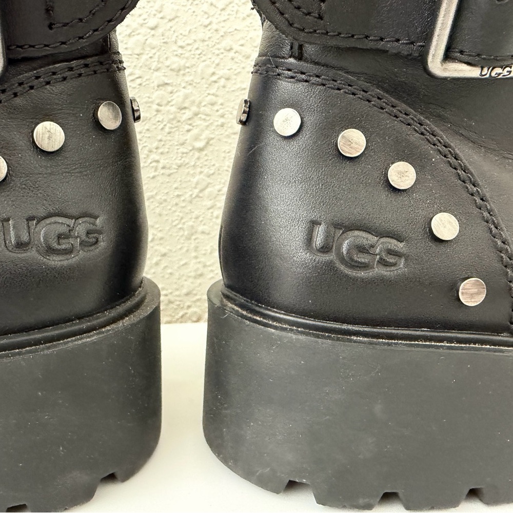 UGG Zorrah Black Leather Lug Sole Combat Boots with Buckle and Studs - Picture 4 of 7